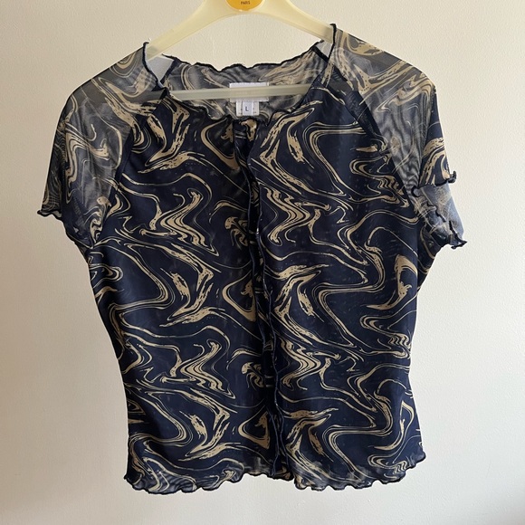 Mesh navy patterned y2k short sleeve top - Picture 1 of 4